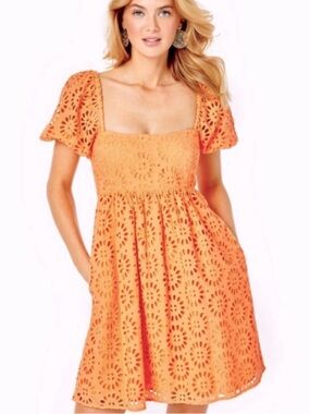 Lilly Pulitzer Orange Eyelet Square-Neck Mini Dress
